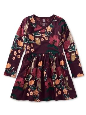 Tea Collection Plum Woodland Floral & Animal Print Long-Sleeve Dress